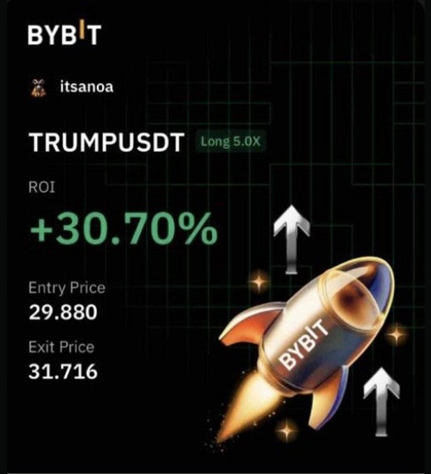 Bybit summary card for a closed TRUMP/USDT long at 5x leverage, showing +30.70% return on margin, entry price 29.880 and exit price 31.716.